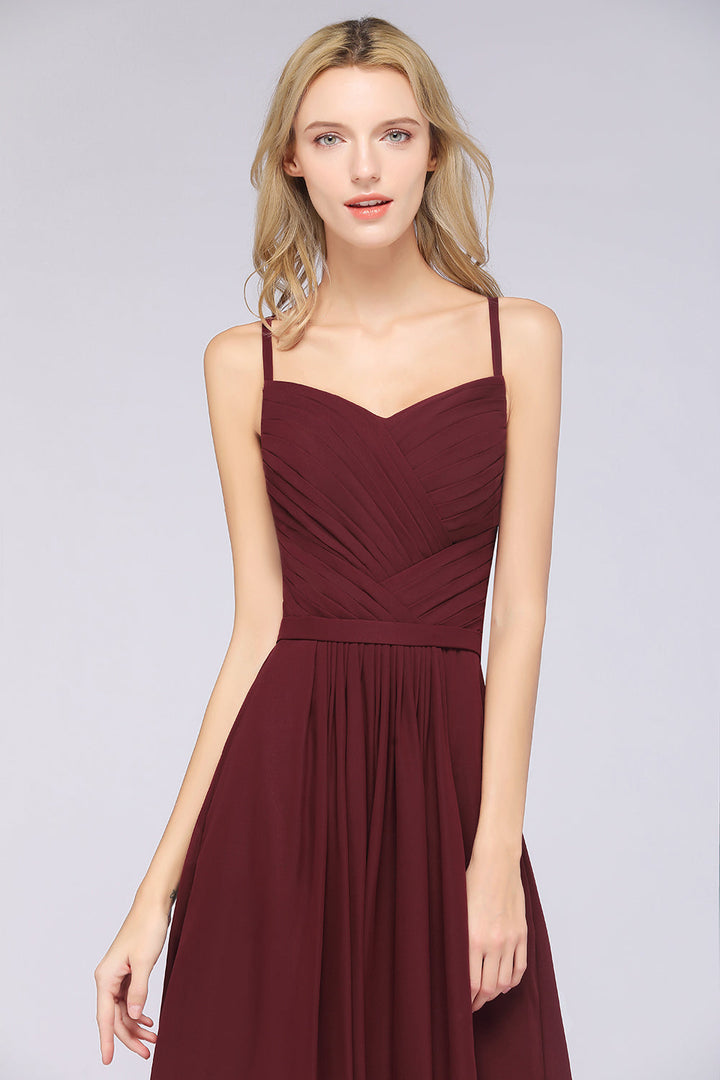 A-line Spaghetti Straps Chiffon Floor-Length Dress Burgundy-koscy