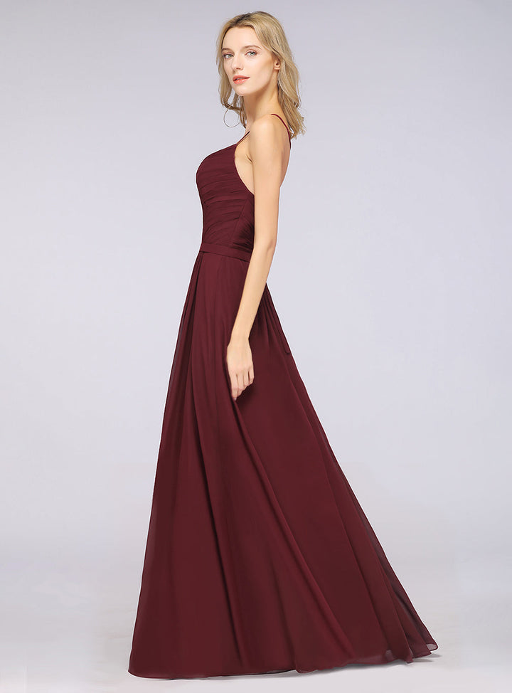 A-line Spaghetti Straps Chiffon Floor-Length Dress Burgundy-koscy