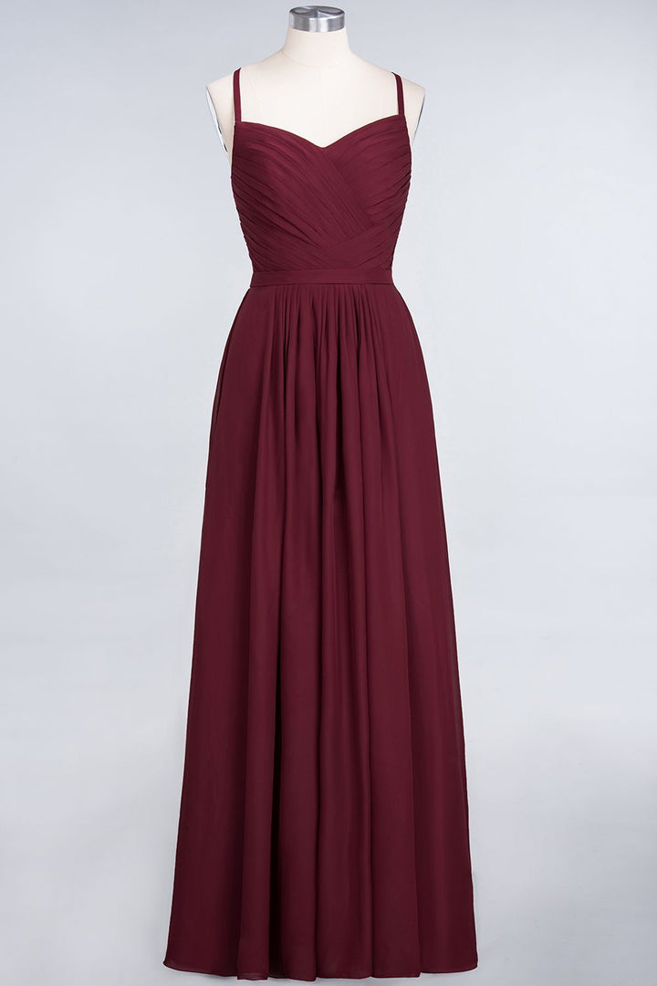 A-line Spaghetti Straps Chiffon Floor-Length Dress Burgundy-koscy