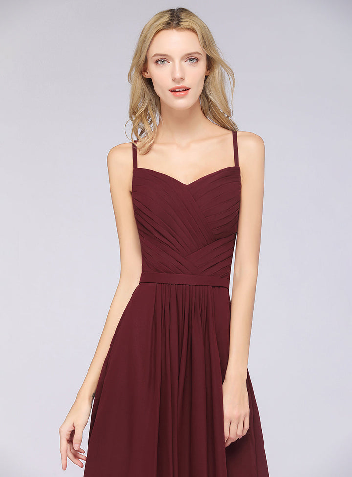 A-line Spaghetti Straps Chiffon Floor-Length Dress Burgundy-koscy