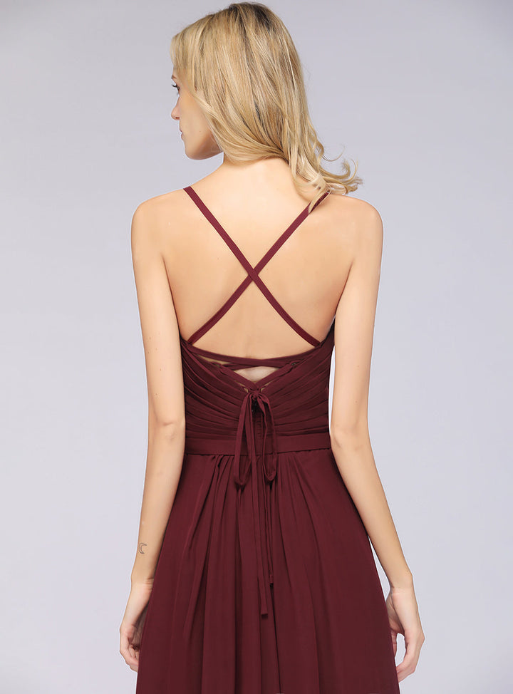 A-line Spaghetti Straps Chiffon Floor-Length Dress Burgundy-koscy