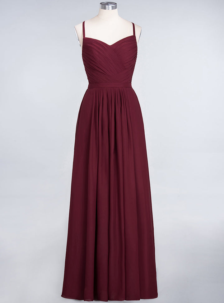 A-line Spaghetti Straps Chiffon Floor-Length Dress Burgundy-koscy