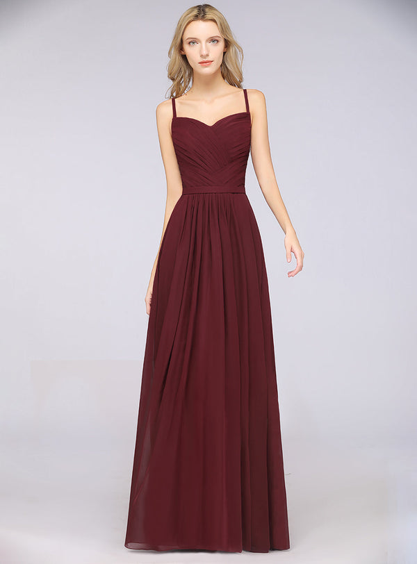 A-line Spaghetti Straps Chiffon Floor-Length Dress Burgundy-koscy