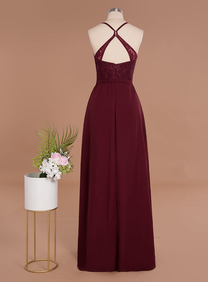 A-line Spaghetti Straps Chiffon Front Slit Floor-Length Dress Burgundy-koscy