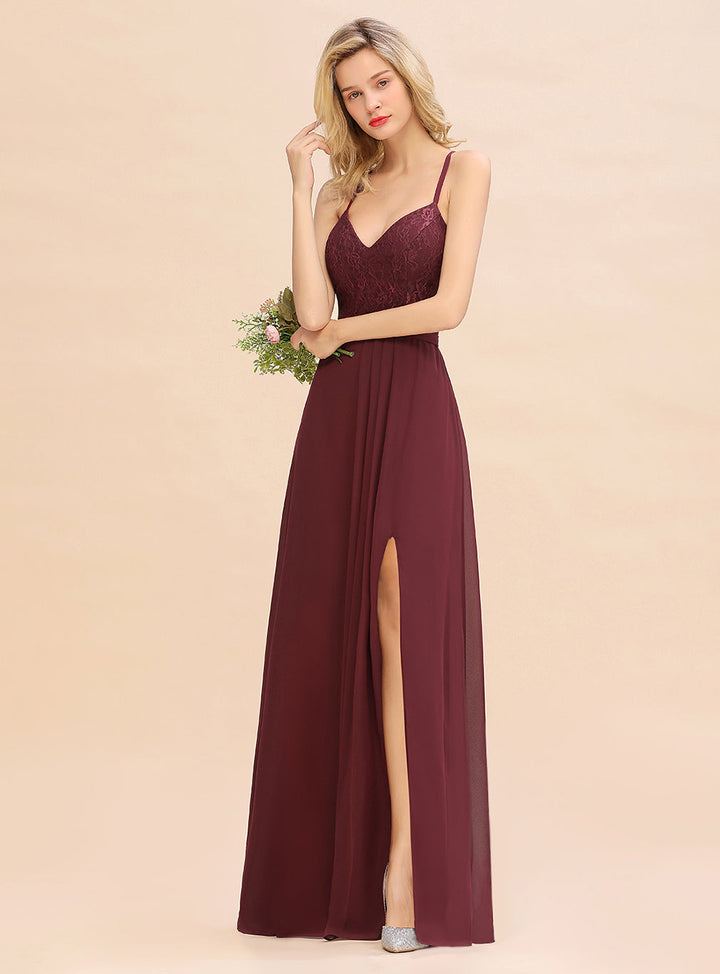 A-line Spaghetti Straps Chiffon Front Slit Floor-Length Dress Burgundy-koscy