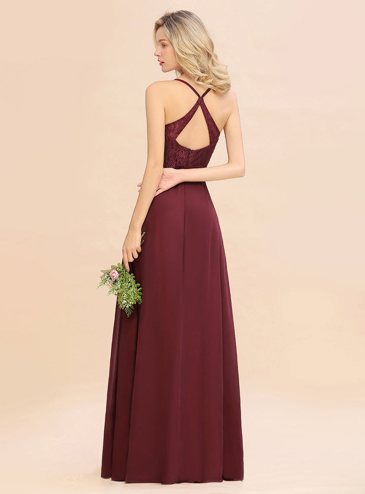 A-line Spaghetti Straps Chiffon Front Slit Floor-Length Dress Burgundy-koscy