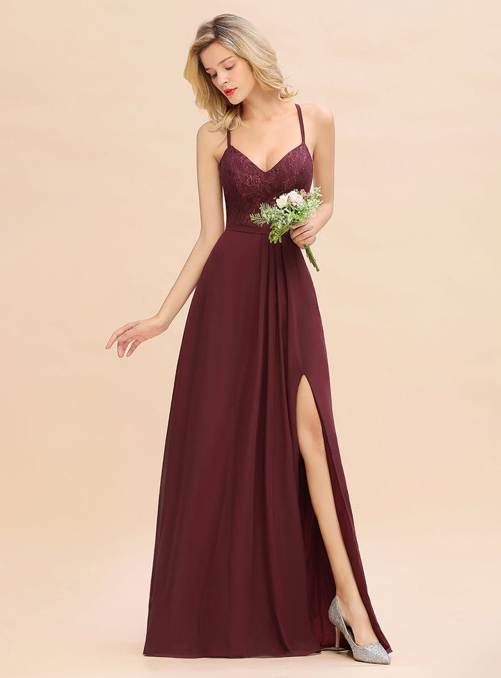 A-line Spaghetti Straps Chiffon Front Slit Floor-Length Dress Burgundy-koscy