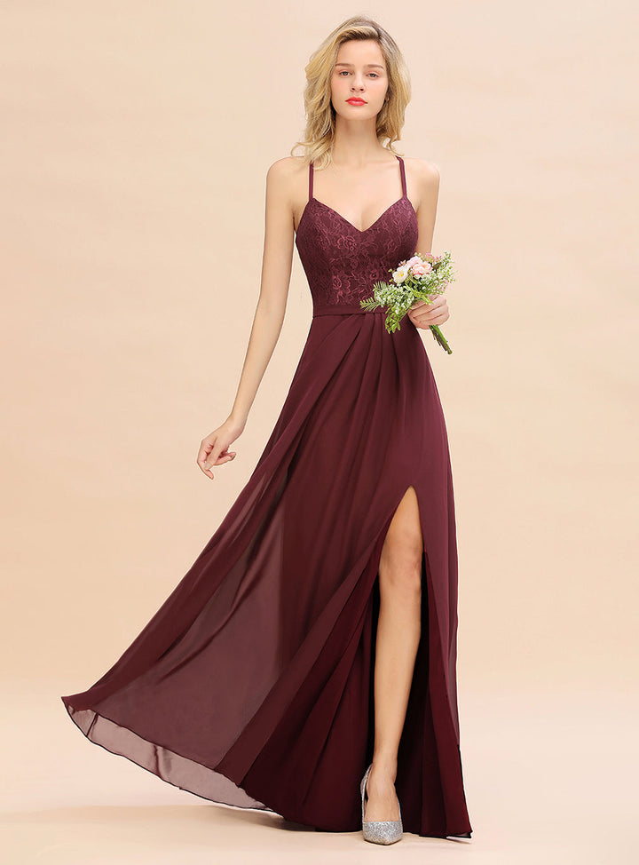 A-line Spaghetti Straps Chiffon Front Slit Floor-Length Dress Burgundy-koscy