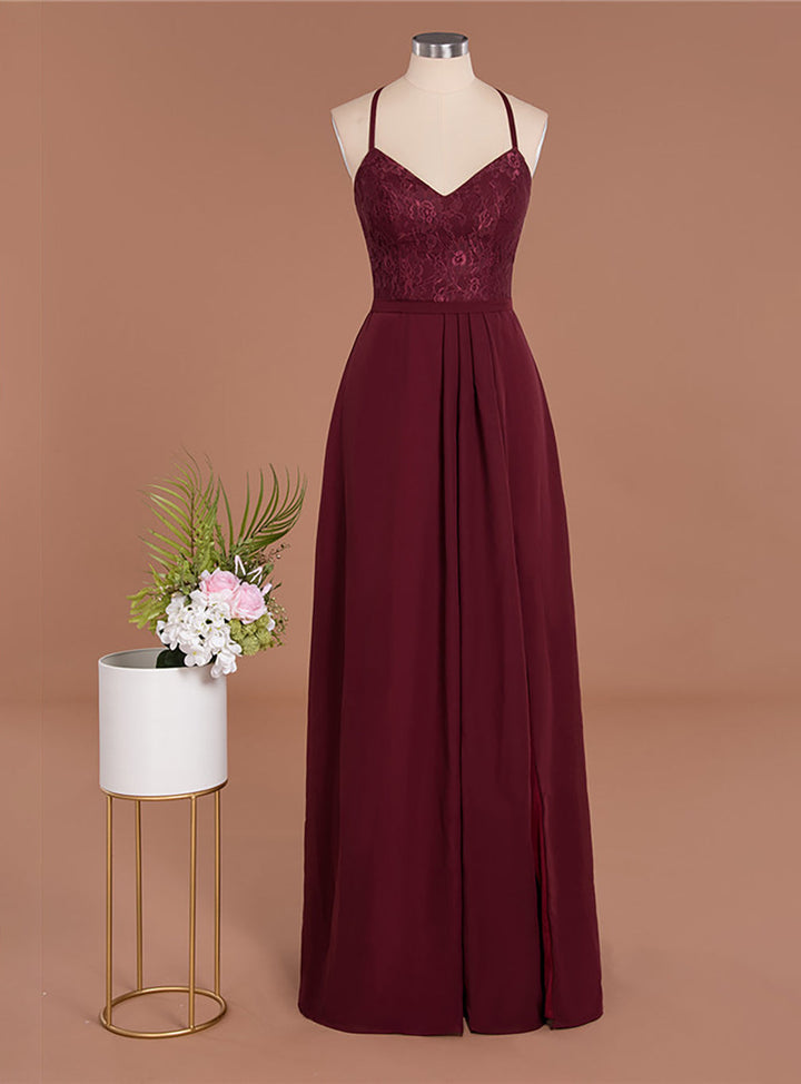 A-line Spaghetti Straps Chiffon Front Slit Floor-Length Dress Burgundy-koscy