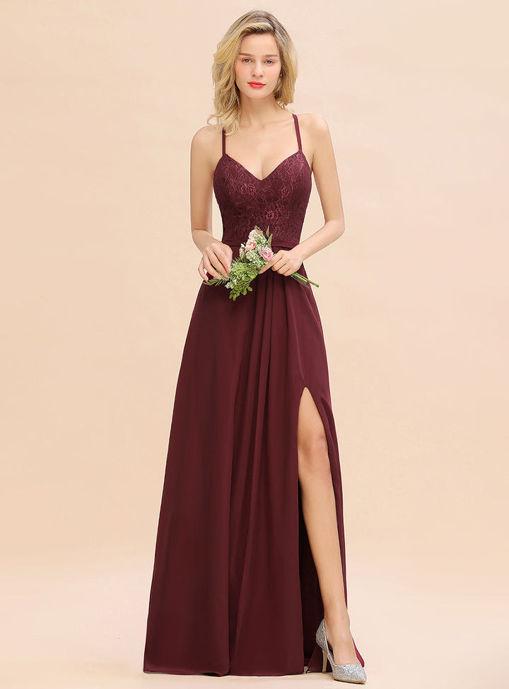 A-line Spaghetti Straps Chiffon Front Slit Floor-Length Dress Burgundy-koscy