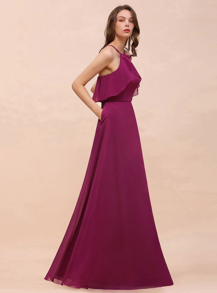 A-Line Spaghetti Straps Floor-Length Chiffon Dress-koscy