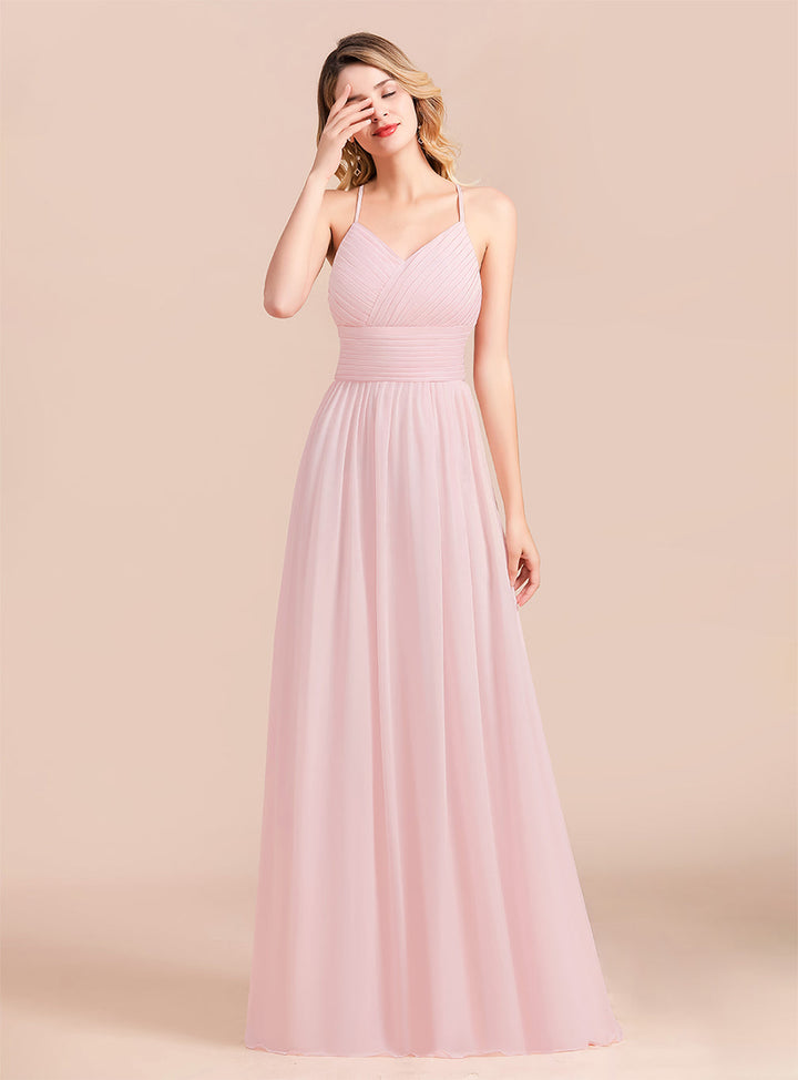 A-Line Spaghetti Straps Sleeveless Floor-Length Chiffon Dress-koscy