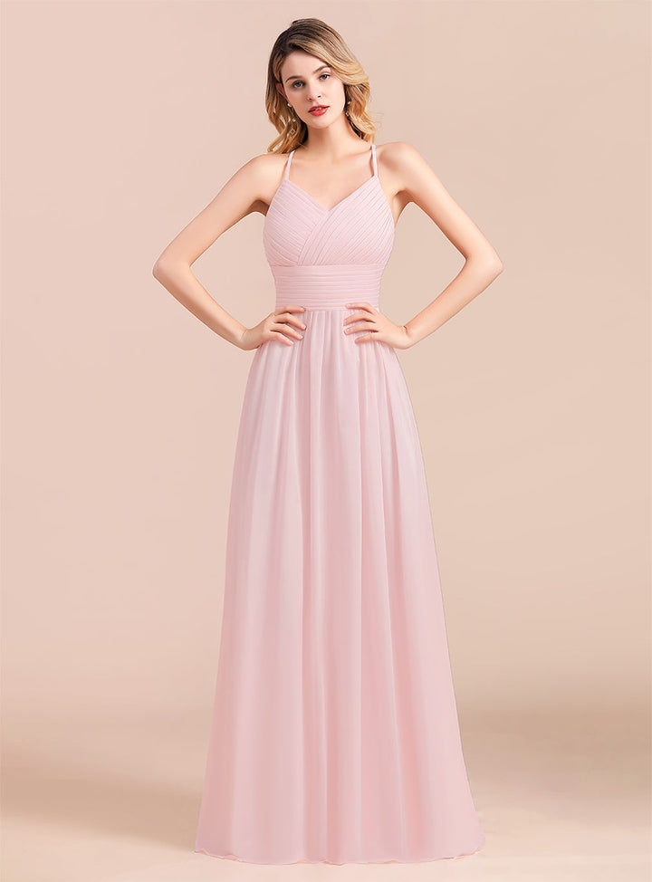 A-Line Spaghetti Straps Sleeveless Floor-Length Chiffon Dress-koscy