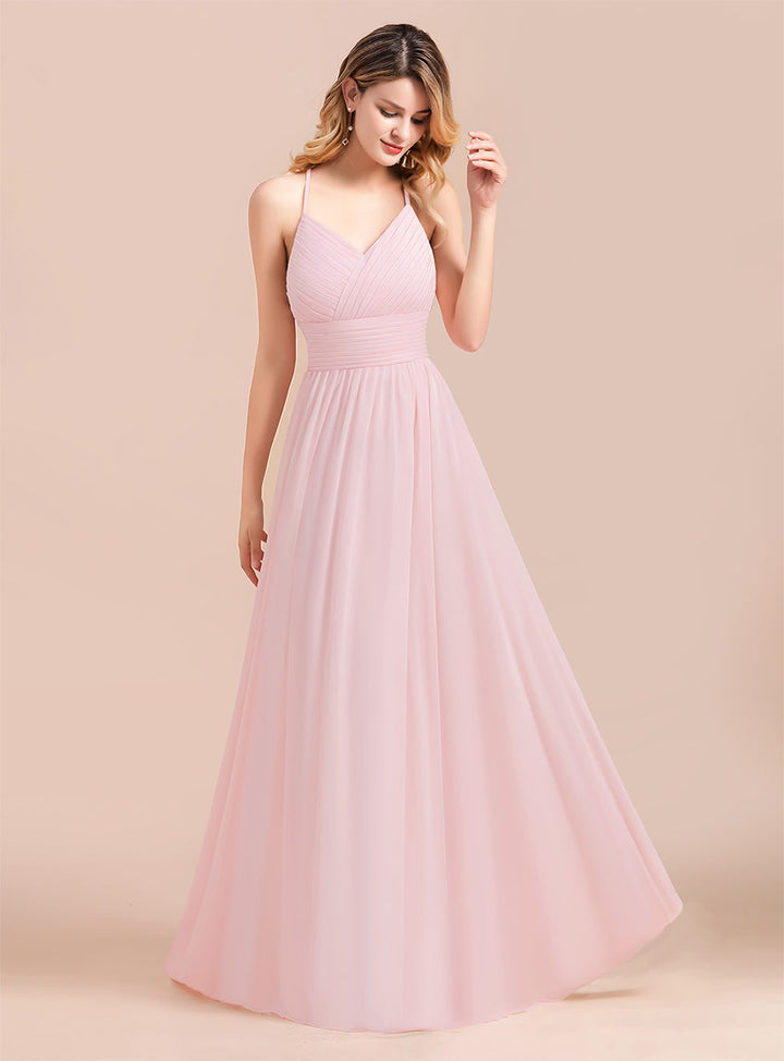 A-Line Spaghetti Straps Sleeveless Floor-Length Chiffon Dress-koscy