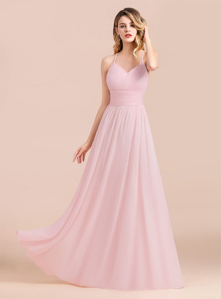 A-Line Spaghetti Straps Sleeveless Floor-Length Chiffon Dress-koscy