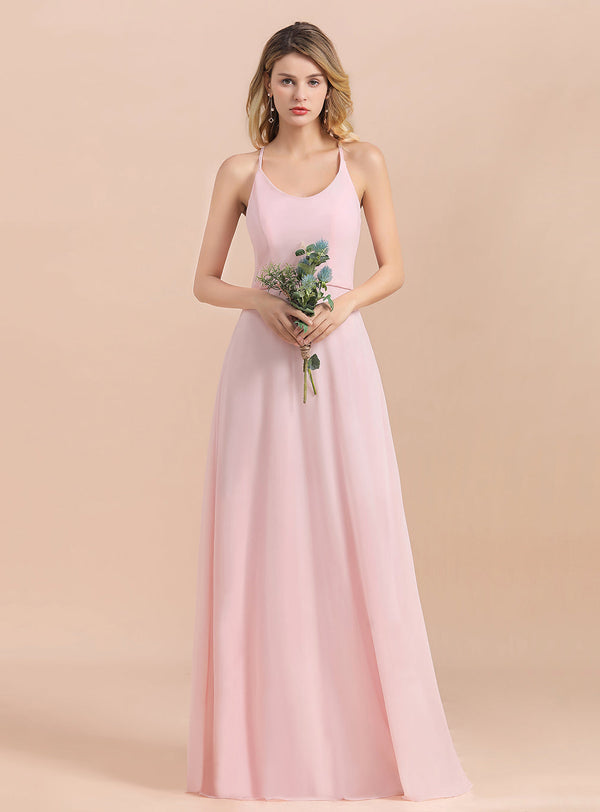 A-Line Spaghetti Straps Sleeveless Floor-Length Chiffon Dress-koscy