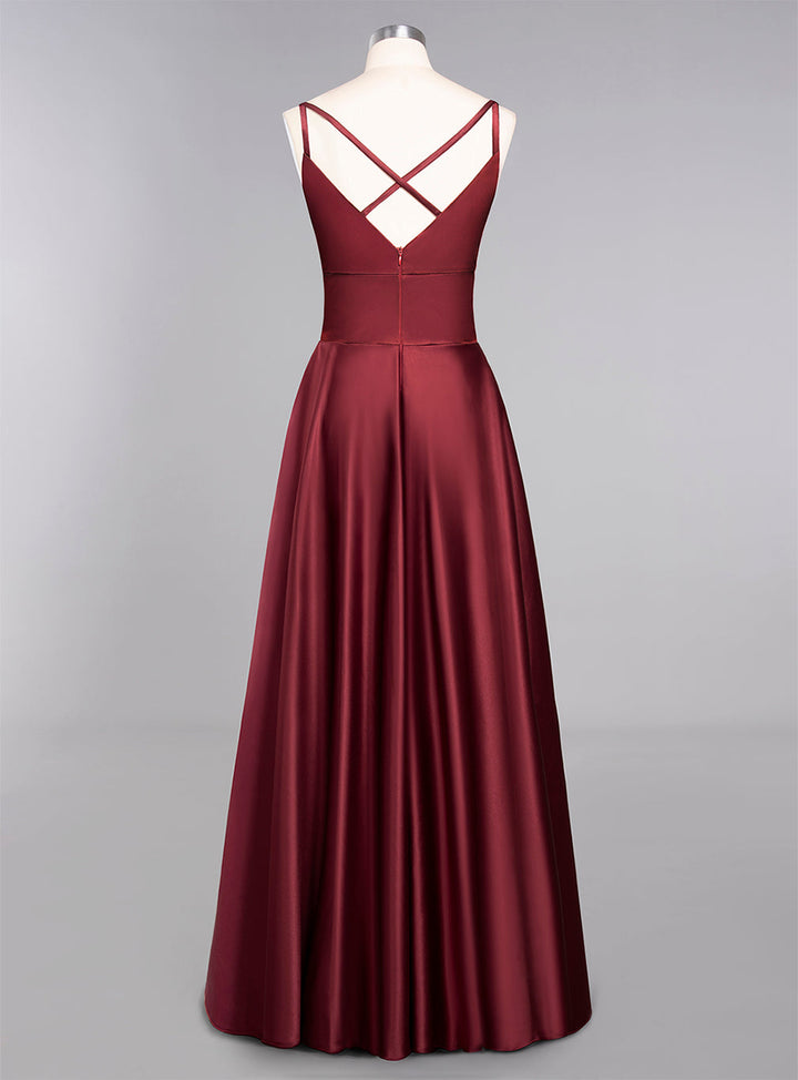 A-Line Spaghetti-Straps Sleeveless Satin Floor-Length Dress-koscy