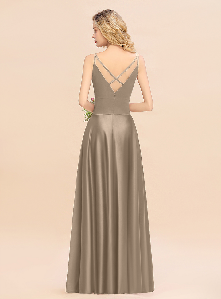 A-Line Spaghetti-Straps Sleeveless Satin Floor-Length Dress-koscy