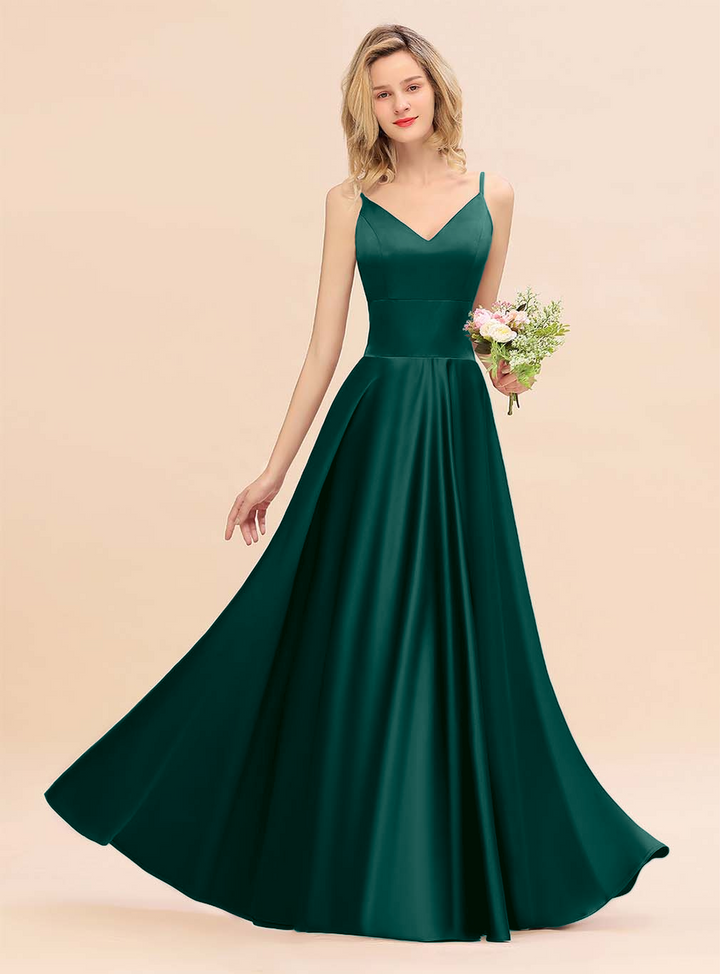 A-Line Spaghetti-Straps Sleeveless Satin Floor-Length Dress-koscy