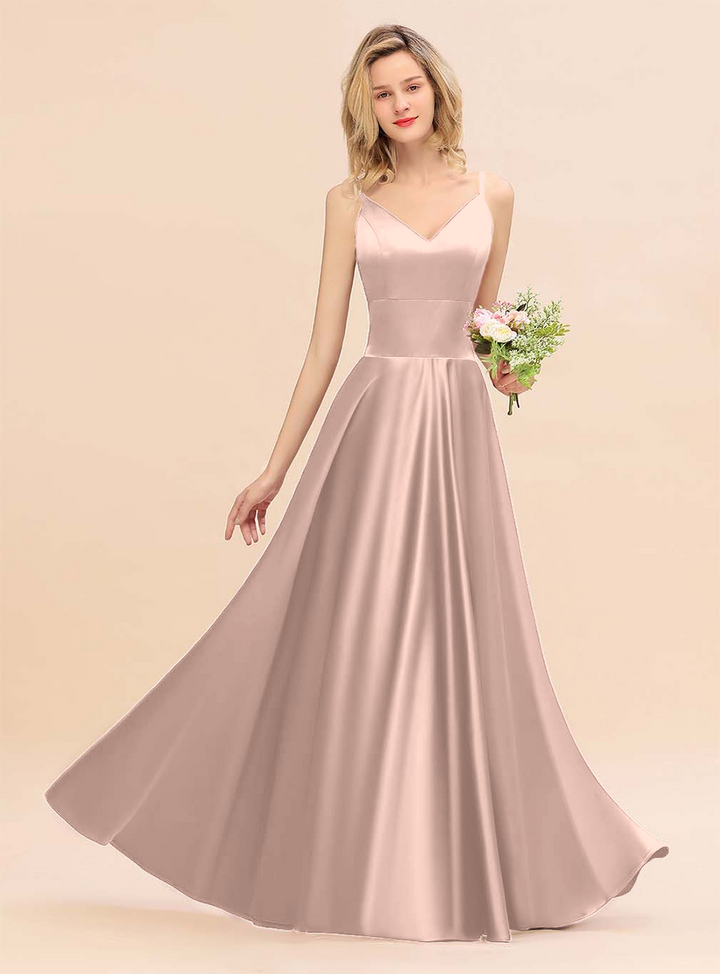 A-Line Spaghetti-Straps Sleeveless Satin Floor-Length Dress-koscy