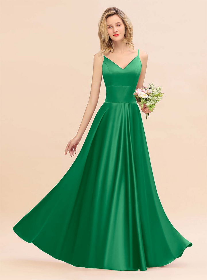 A-Line Spaghetti-Straps Sleeveless Satin Floor-Length Dress-koscy