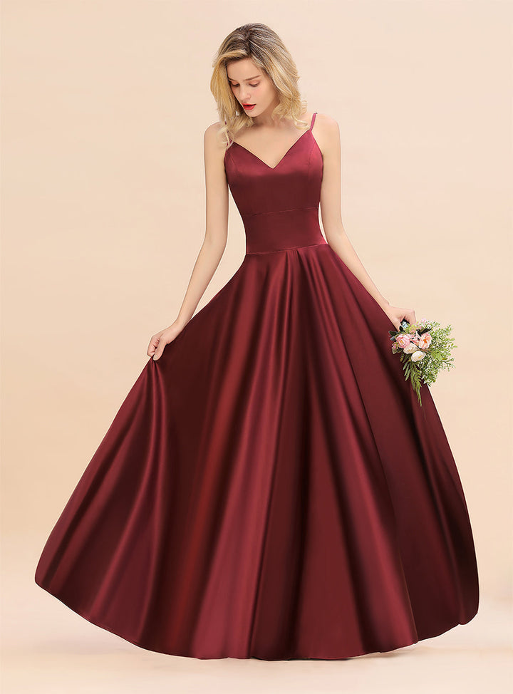 A-Line Spaghetti-Straps Sleeveless Satin Floor-Length Dress-koscy