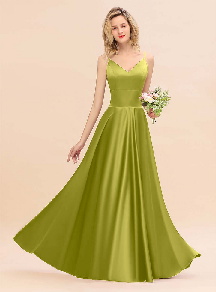 A-Line Spaghetti-Straps Sleeveless Satin Floor-Length Dress-koscy