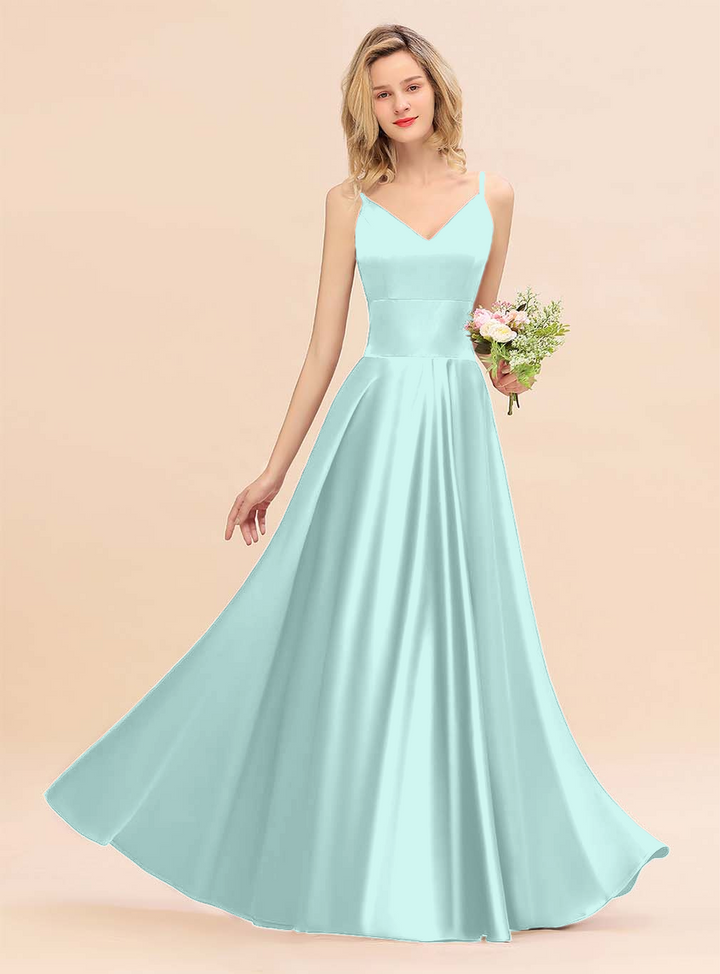 A-Line Spaghetti-Straps Sleeveless Satin Floor-Length Dress-koscy