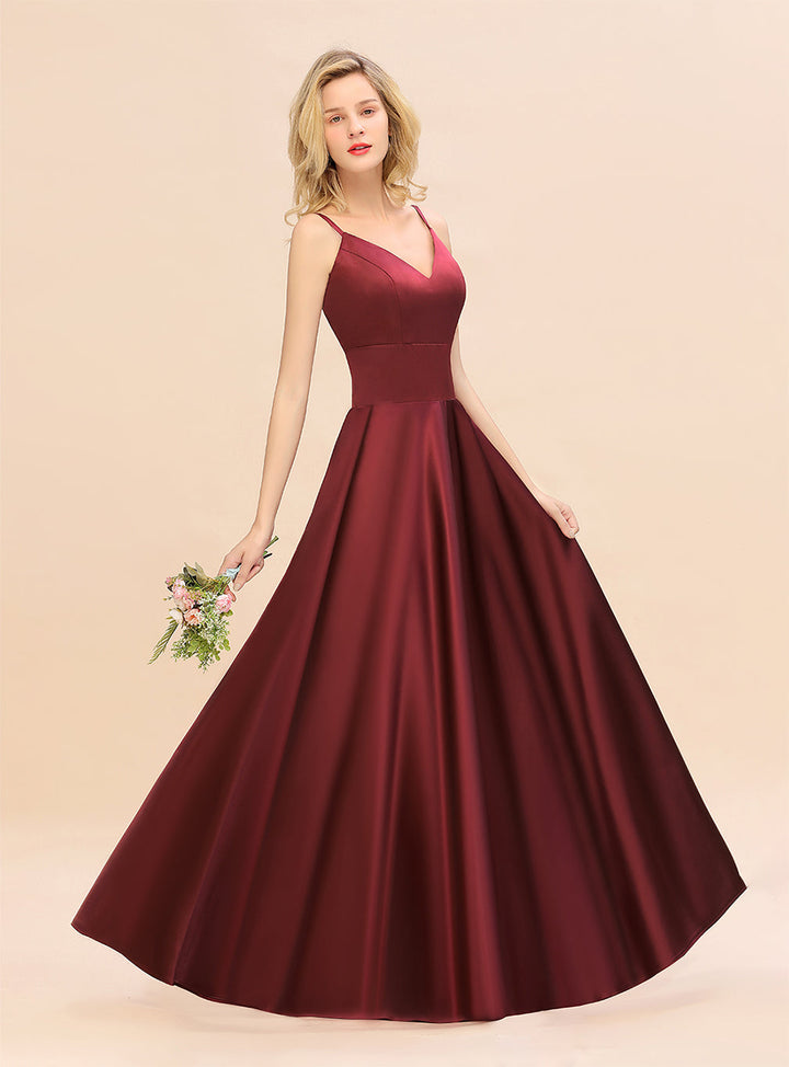 A-Line Spaghetti-Straps Sleeveless Satin Floor-Length Dress-koscy