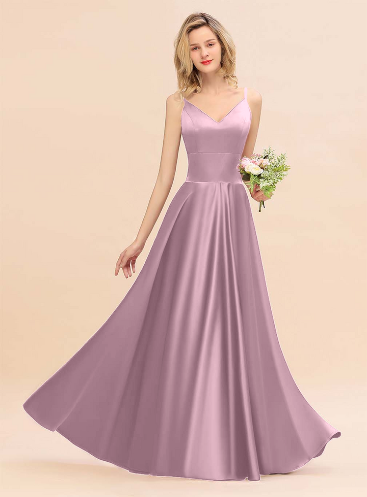 A-Line Spaghetti-Straps Sleeveless Satin Floor-Length Dress-koscy