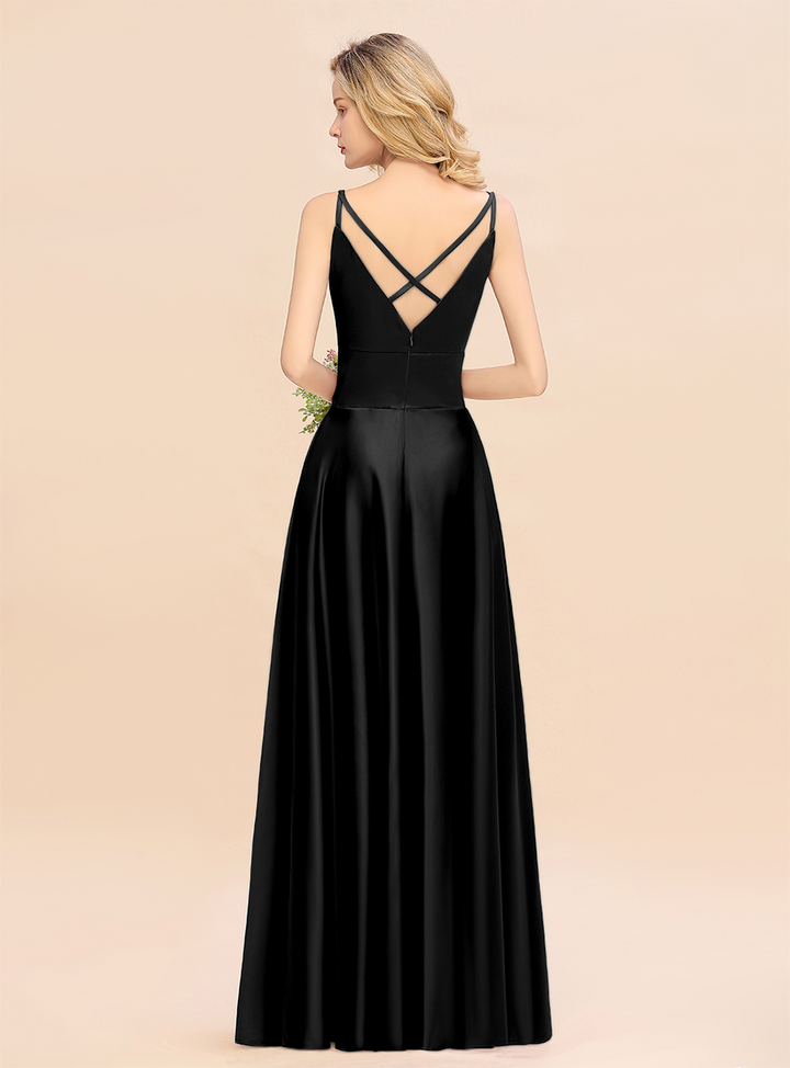 A-Line Spaghetti-Straps Sleeveless Satin Floor-Length Dress-koscy