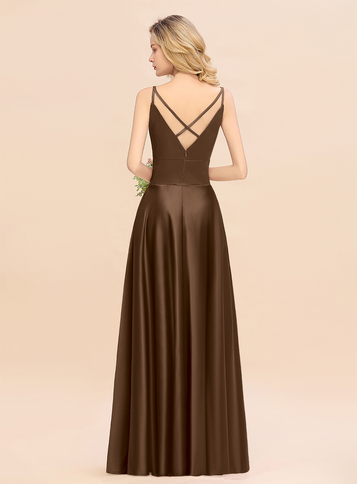 A-Line Spaghetti-Straps Sleeveless Satin Floor-Length Dress-koscy