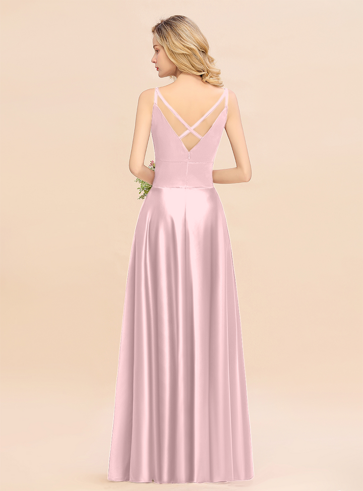 A-Line Spaghetti-Straps Sleeveless Satin Floor-Length Dress-koscy