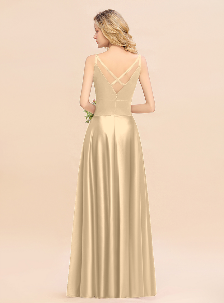 A-Line Spaghetti-Straps Sleeveless Satin Floor-Length Dress-koscy