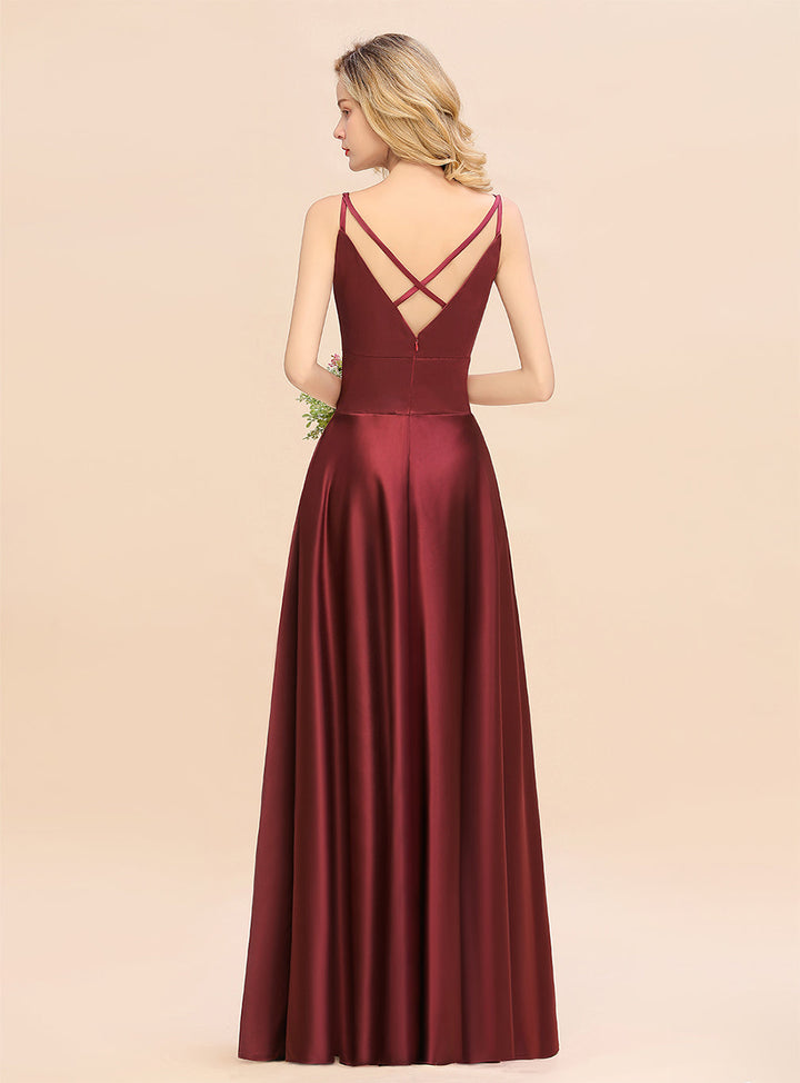 A-Line Spaghetti-Straps Sleeveless Satin Floor-Length Dress-koscy