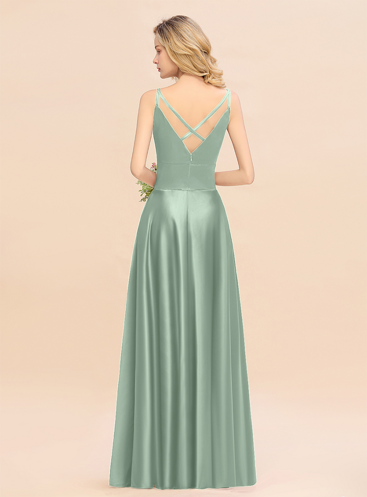 A-Line Spaghetti-Straps Sleeveless Satin Floor-Length Dress-koscy