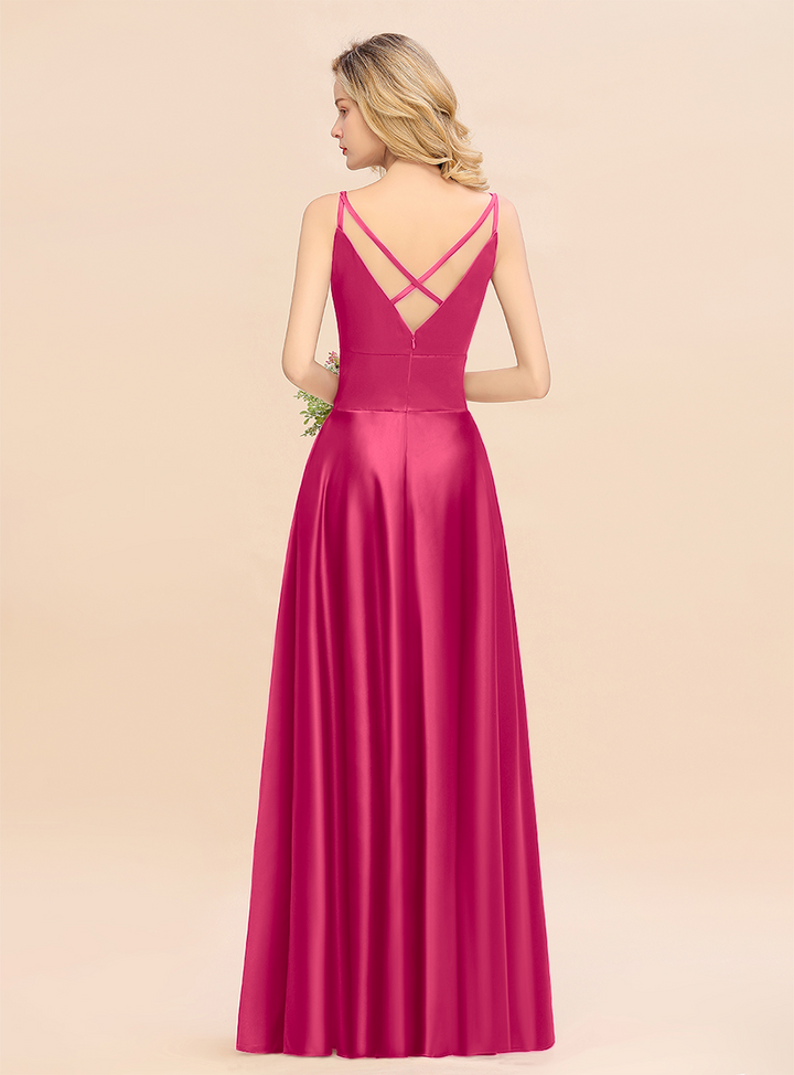 A-Line Spaghetti-Straps Sleeveless Satin Floor-Length Dress-koscy