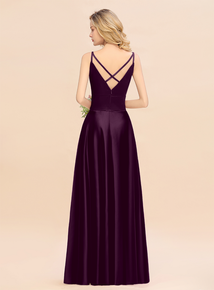 A-Line Spaghetti-Straps Sleeveless Satin Floor-Length Dress-koscy