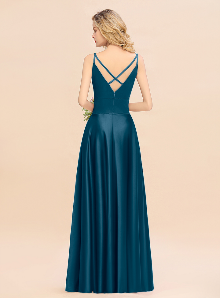 A-Line Spaghetti-Straps Sleeveless Satin Floor-Length Dress-koscy