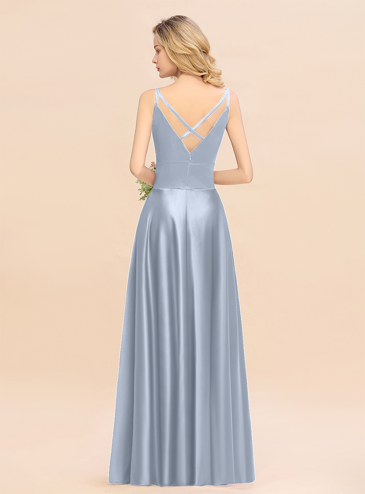 A-Line Spaghetti-Straps Sleeveless Satin Floor-Length Dress-koscy