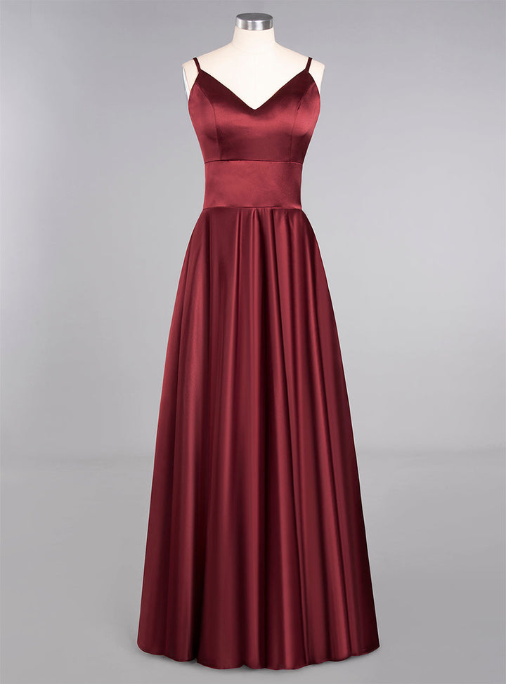 A-Line Spaghetti-Straps Sleeveless Satin Floor-Length Dress-koscy