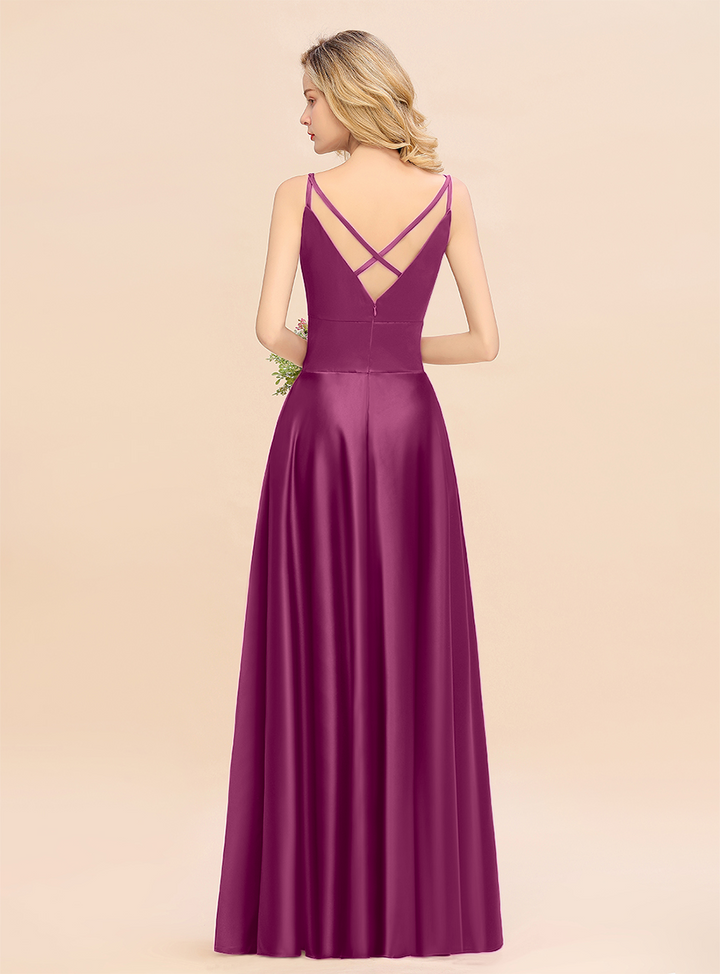 A-Line Spaghetti-Straps Sleeveless Satin Floor-Length Dress-koscy