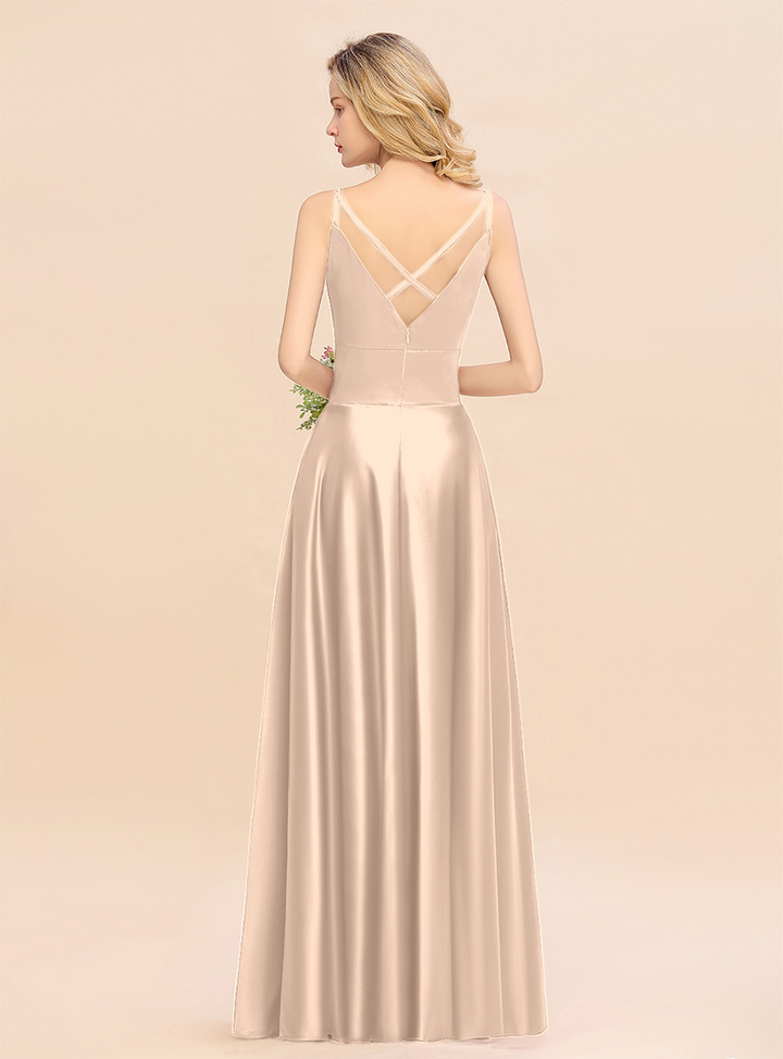 A-Line Spaghetti-Straps Sleeveless Satin Floor-Length Dress-koscy