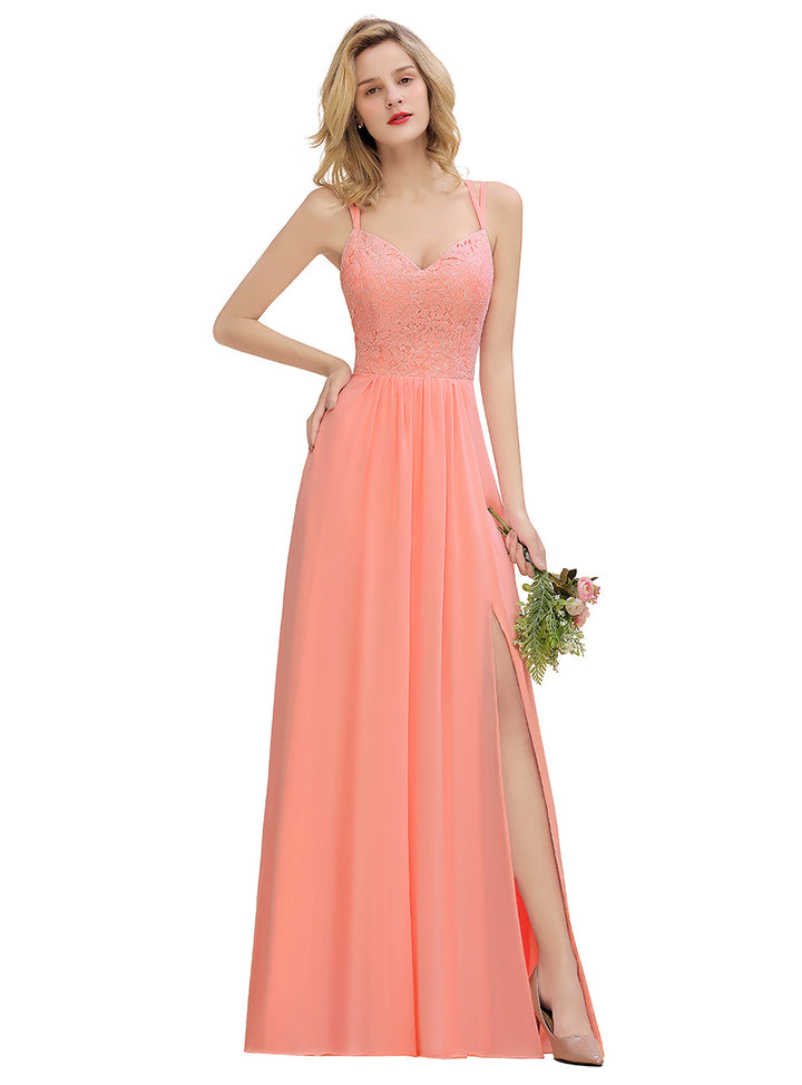 A-Line Spaghetti-Straps Sleeveless Slit Floor-Length Dress-koscy