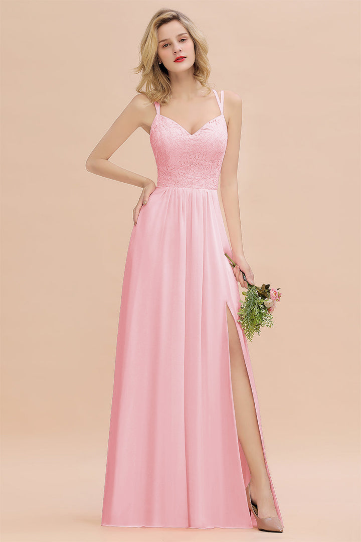 A-Line Spaghetti-Straps Sleeveless Slit Floor-Length Dress-koscy