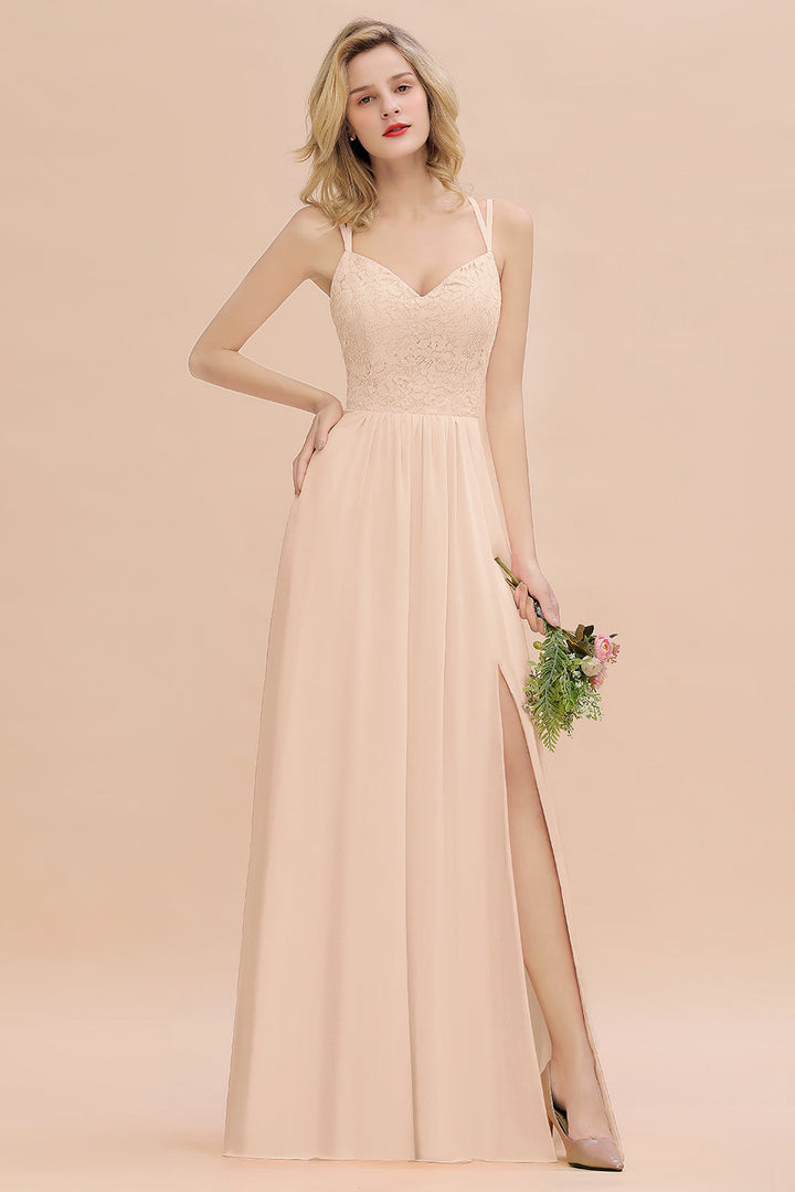 A-Line Spaghetti-Straps Sleeveless Slit Floor-Length Dress-koscy