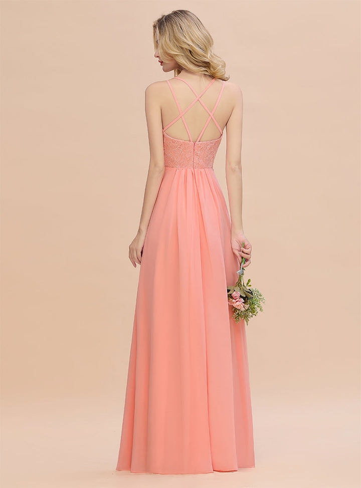 A-Line Spaghetti-Straps Sleeveless Slit Floor-Length Dress-koscy