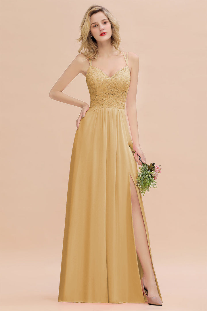 A-Line Spaghetti-Straps Sleeveless Slit Floor-Length Dress-koscy