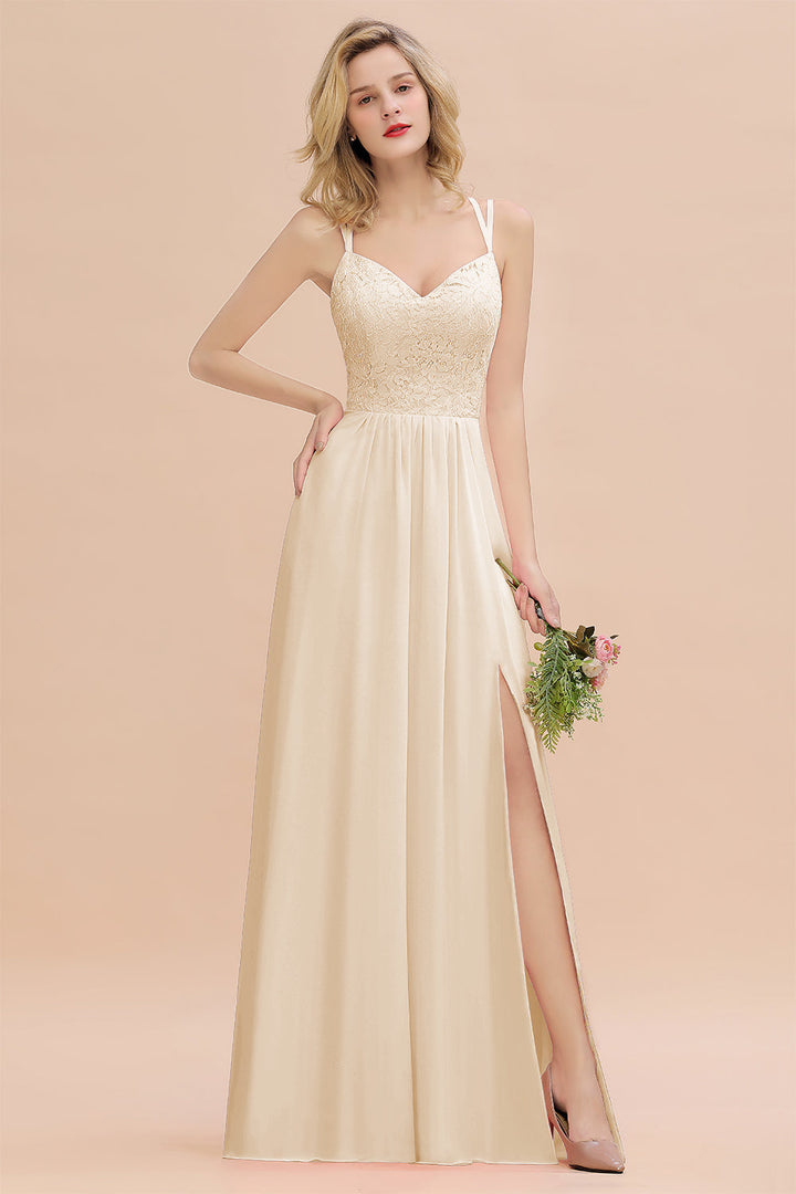 A-Line Spaghetti-Straps Sleeveless Slit Floor-Length Dress-koscy