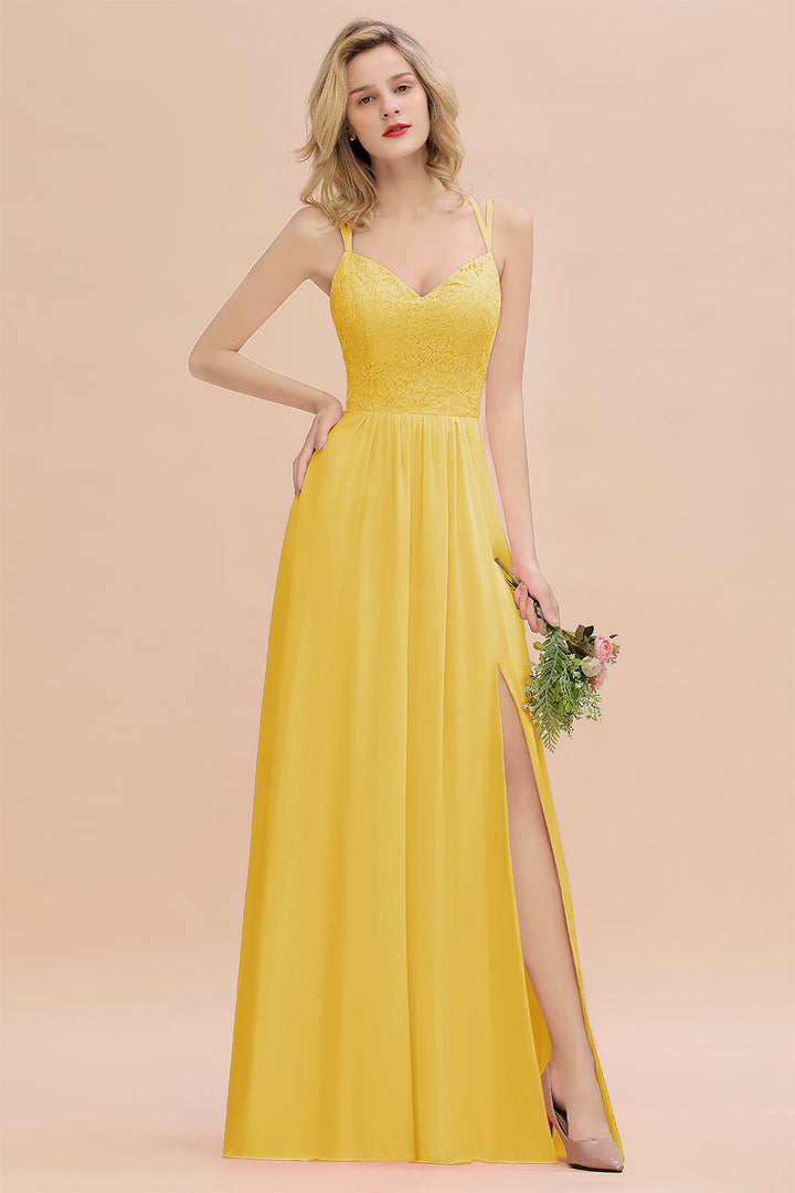 A-Line Spaghetti-Straps Sleeveless Slit Floor-Length Dress-koscy